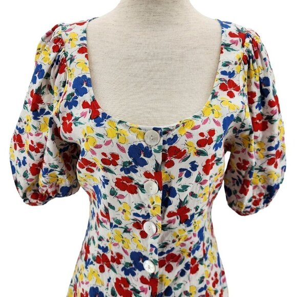 Rixo X Target Linen Blend Floral Puffed Sleeve Multicolor Mini Dress Womens 4 - Picture 2 of 8